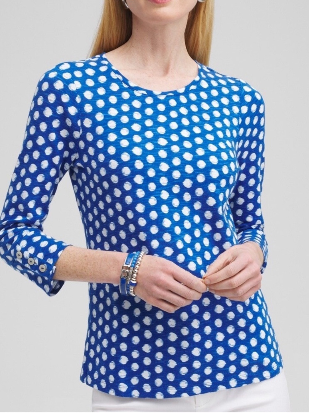 Chico's Royal Blue Polka Dot 3/4 Sleeve Knit Top size 1 women’s medium